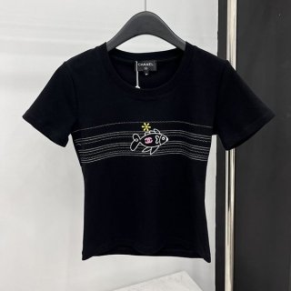 ☆超人気☆シャネル 半袖 Tシャツ コピー刺繍☆黒 白 sho88422