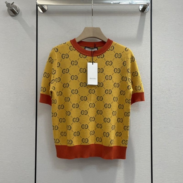 ビーズが可愛い！グッチ 半袖ニットTシャツ コピー イエロー コットン guk18530