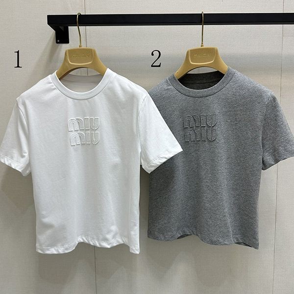 素敵な ミュウミュウ ロゴ コットン 偽物 半袖 Tシャツ myw13994